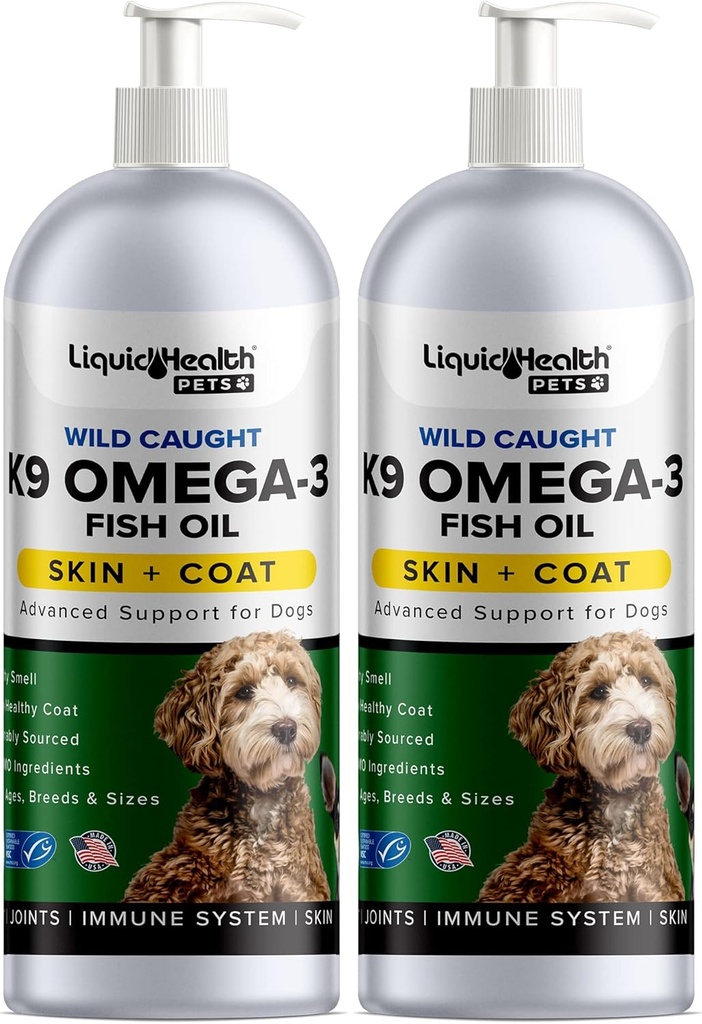 [BRSRMCAYDIBWGETJ] Liquid Health Pets K9 Omega 3 Fish Oil for Dogs - Liquid Omega 3 Suplemento para mascotas con EPA + DPA + DHA - Reduce Itching & Shedding, Support Joints, Immunity, Brain, Heart Health - USA Made (2 Pack)