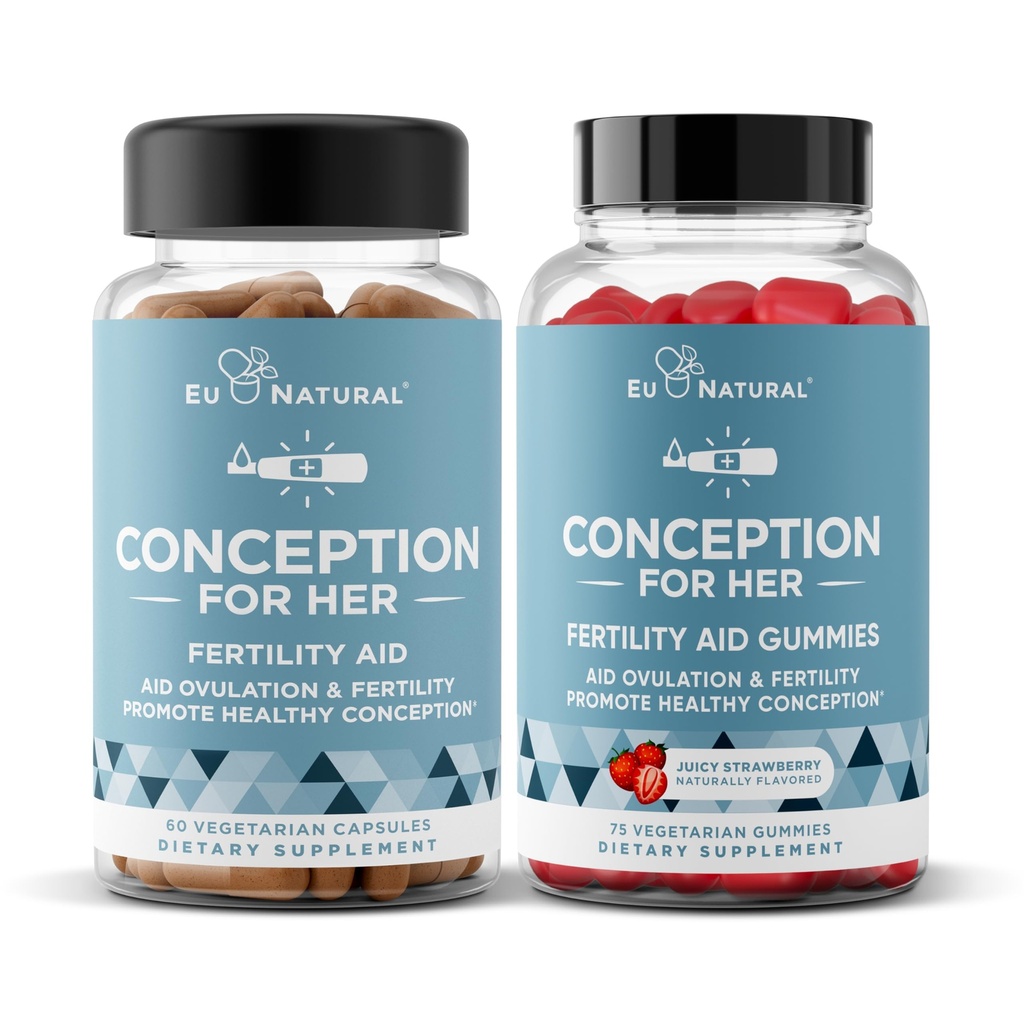 Eu Natural Conception for Her Capsules & Gummies Bundle - Aids Ovulation, Hormonal Balance, & Regular Cycles - 60 Capsules + 75 Strawberry Flavor Gummies