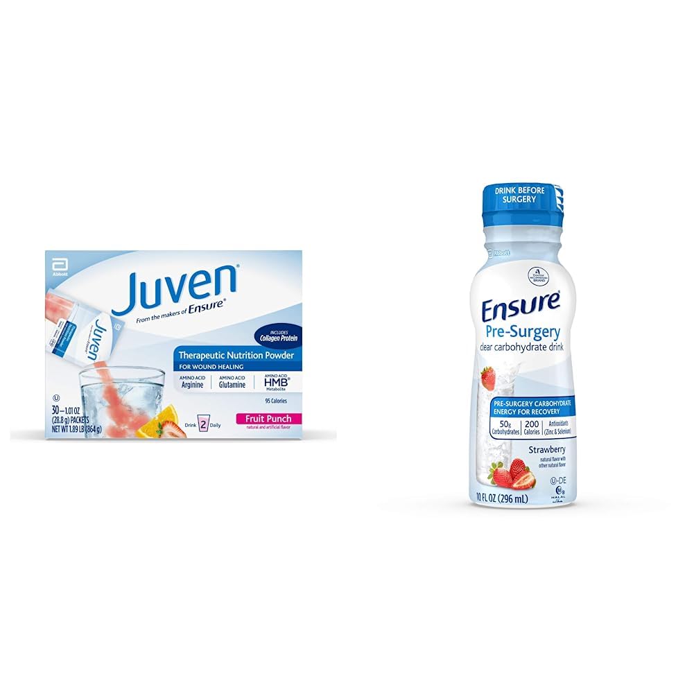 Juven Therapeutic Nutrition Drink Mix Powder for Wound Healing Support, Incluye Collagen Protein, Fruit Punch, 30 Cuenta " Asegurar la pre-surgencia, Borrar la bebida de carbohidratos, Fresa, 10 fl oz, 4 Cuenta