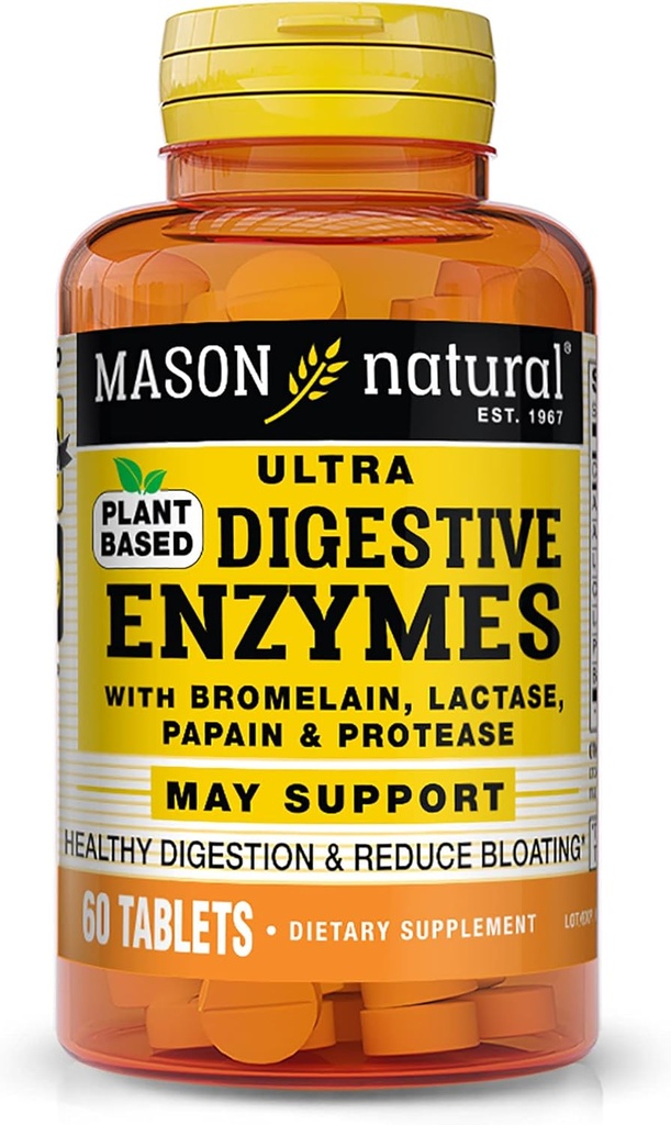 MASON NATURAL Enzymes Ultra Digestivos con Bromelain, Lactase, Papain & Protease - Asistencia Digestión Saludable > Reducción de Bloating, 60 cápsulas