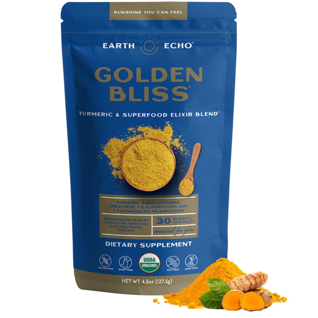 Earth Echo Golden Bliss, Turmeric orgánica Superfood Elixir Blend con Ashwagandha Root, MCT Oil y 4 Mushroom Blend para el sueño reparador, Immune Support and Reduce Craving, Dairy-Free, 30 Servings