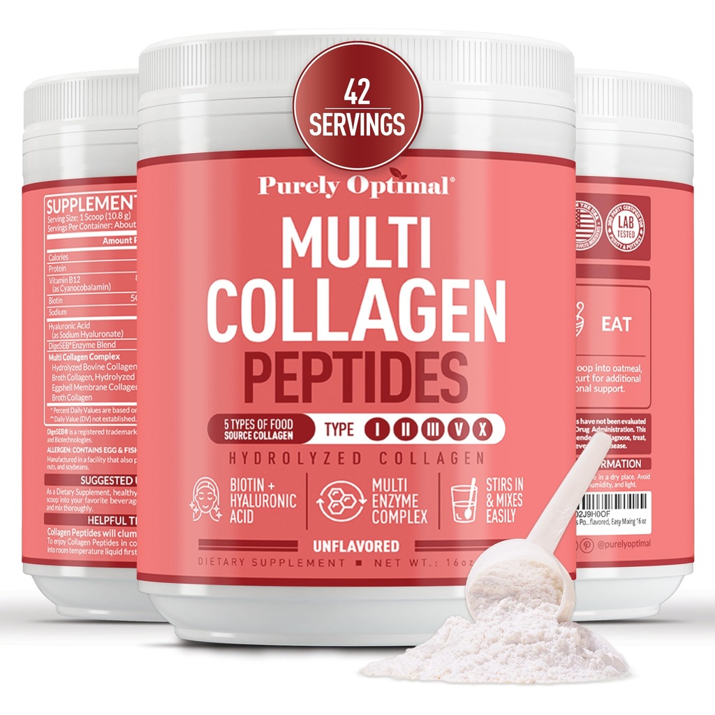 Pólvora Multicolagen puramente óptima para las mujeres - 5 tipos Péptidos de colágeno hidrolizado con ácido hialurónico Biotina para el cabello, la piel, las uñas, las articulaciones de los huesos - Desarrollado, fácil mezcla, 42 piezas