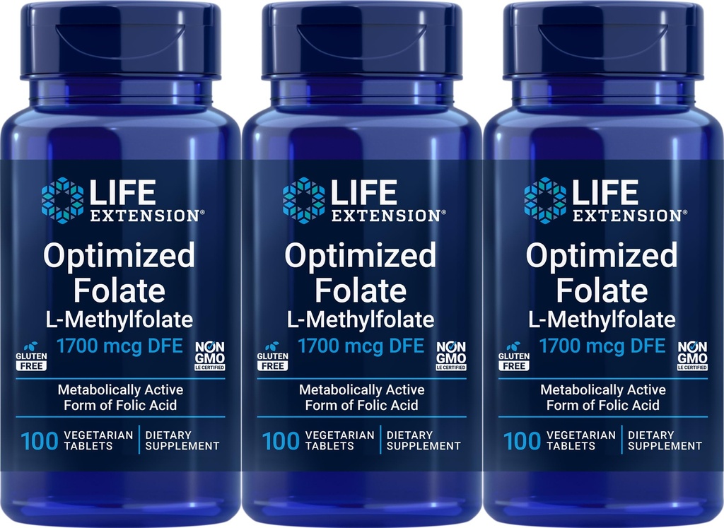 Ampliación de vida Folate optimizado 1700 mcg DFE, 100 Tablets vegetarianos (Pack of 3)