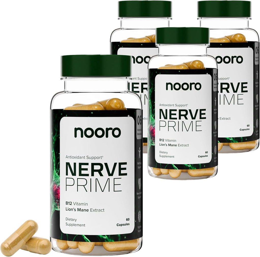 nooro Nerve Primer Suplemento - R-Alpha Lipoic Acid, León Mane Mushroom y Curcumin, Well-Being Support, Función Cognitiva, Protección Antioxidante, 120-Day Supply (4 Pack)