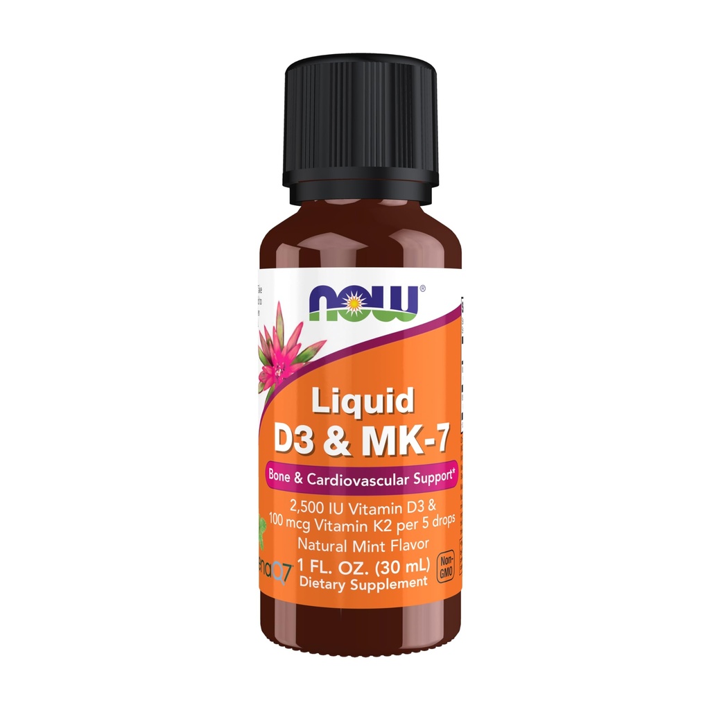 AHORA Suplementos de alimentos, Líquido D-3 &amp; MK-7 con 2.500 UI Vitamina D-3 &amp; 100 mcg Vitamina K-2 por 5 gotas, 1 onza