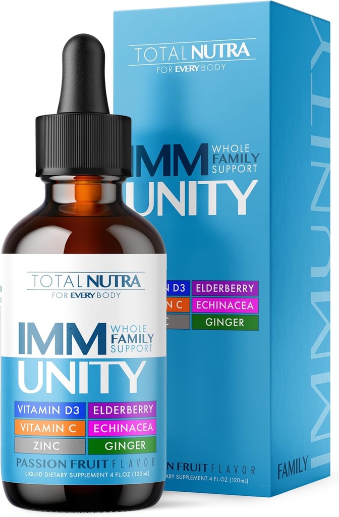 Total Immune 6-in-1 Suplemento Multivitamina Líquida tención 100% Daily Zinc, Vitamina D3, Vitamina C Immunity Drops Vitamin Liquid TEN Elderberry, Echinacea, Ginger Support for Adults & Kids TEN 4 oz Passion Fruit
