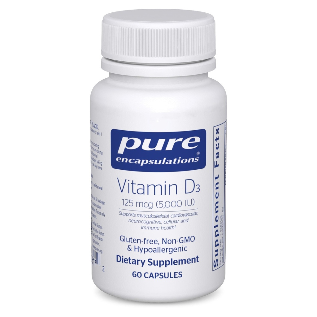 Encapsulaciones puras Vitamina D3 125 mcg (5,000 UI) - Suplemento de Bono de Apoyo, Conjunto, Breast, Corazón, Colon y Salud Inmune* - con Vitamina D - 60 cápsulas