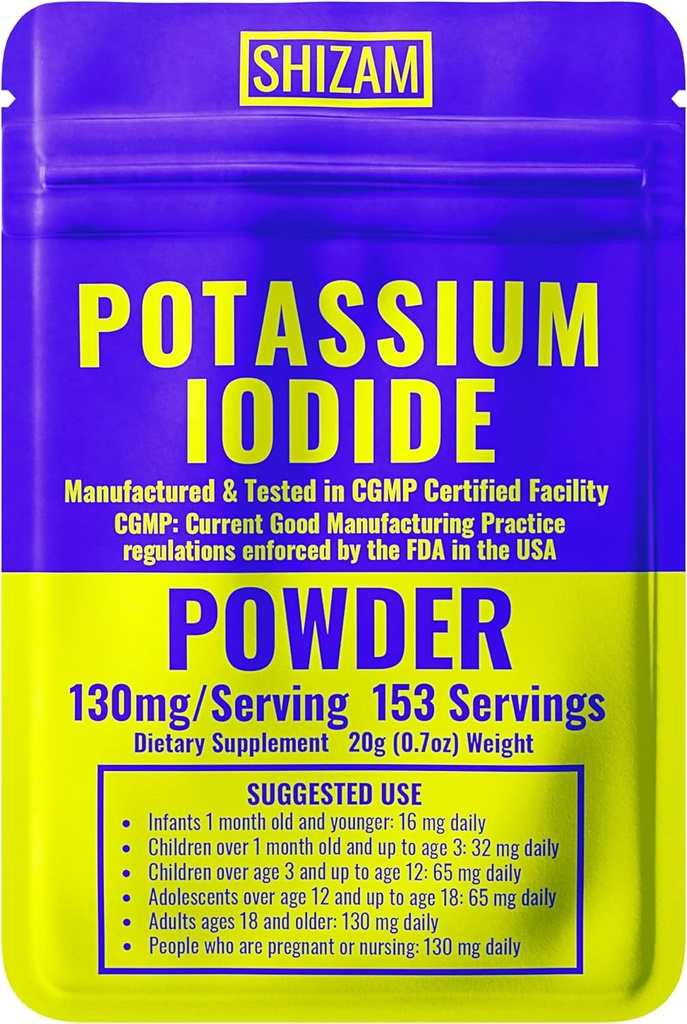 SHIZAM Potassium Iodide 130 mg 65 mg Kits de supervivencia de polvo, KI Iodine Capsule Capsule Capsules Líquido Tintura Pill Tablet Tablet Tablet Tablet Tabs Alt Suplementos, prepping Supplies 130mg 65mg