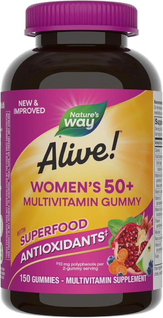 ¡La naturaleza está viva! Multivitaminas de goma diaria de mujeres 50+, Suplementos de mujeres, apoya el corazón saludable, huesos de cerebro,* B-Vitamins, sabor de baya mixta, 150 Gummies (paquete mayo Vary)