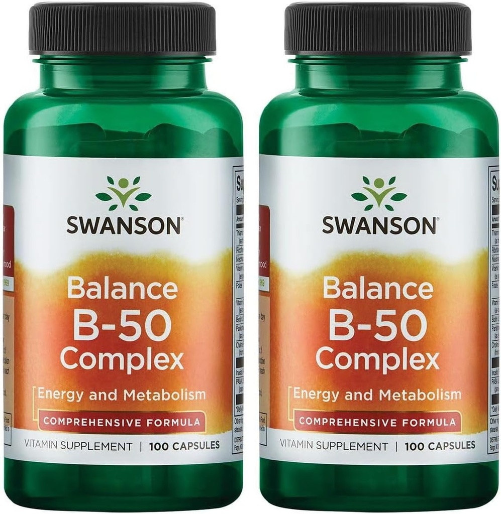 Complejo Swanson B-50 - Suplemento de vitaminas Promoción de Energía y Metabolismo Apoyo - May Support Heart Health & Memory - (100 cápsulas) (2 Pack)