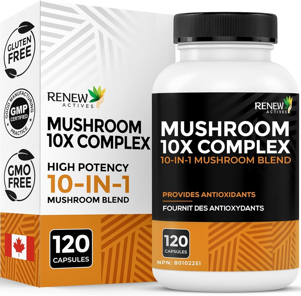 ACTIVES RENEW Complejo de baño 2 cápsulas por servicio – 10 Mushroom Blend con antioxidantes para la salud y bienestar inmunes – apoya la vitalidad general " Wellness a largo plazo -Fabricación en Canadá - 120 cápsulas