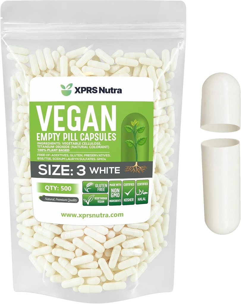 XPRS Nutra Size 3 Empty Capsules - 500 Contando con vacío - Píldoras vegetarianas - DIY Vegetable Capsule Filling - Veggie Pill Caps (White)