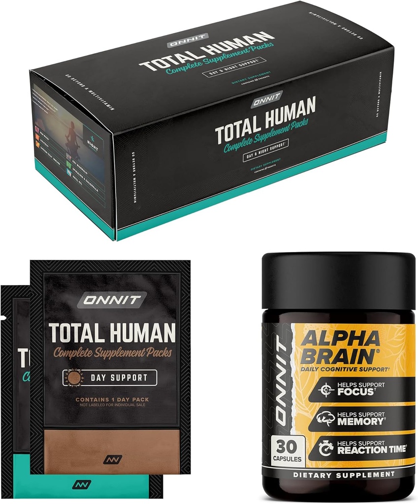 ONNIT Premium Alpha Brain Bundle - Suplemento Nootropic Brain (30 Conde) para Focus, Concentration & Memory + Total Human Day and Night Vitamin Packs para Hombres y Mujeres (30-Day Supply)