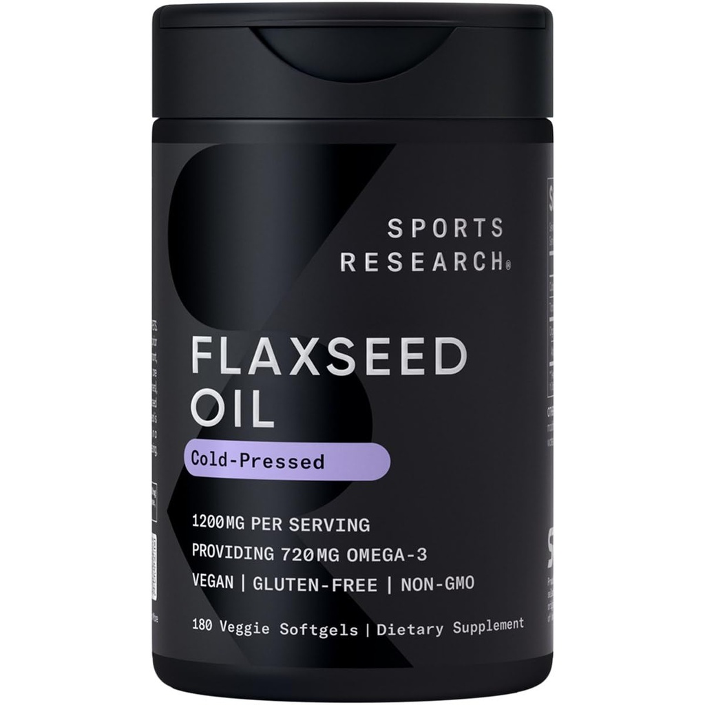 Sports Research Vegan Flaxseed Oil (1200mg) Herbal Suplemento con ALA Omega 3 - Vegan Certified " Non-GMO Verified - Gluten, Soy " Carrageenan Free (180 Veggie Softgels)