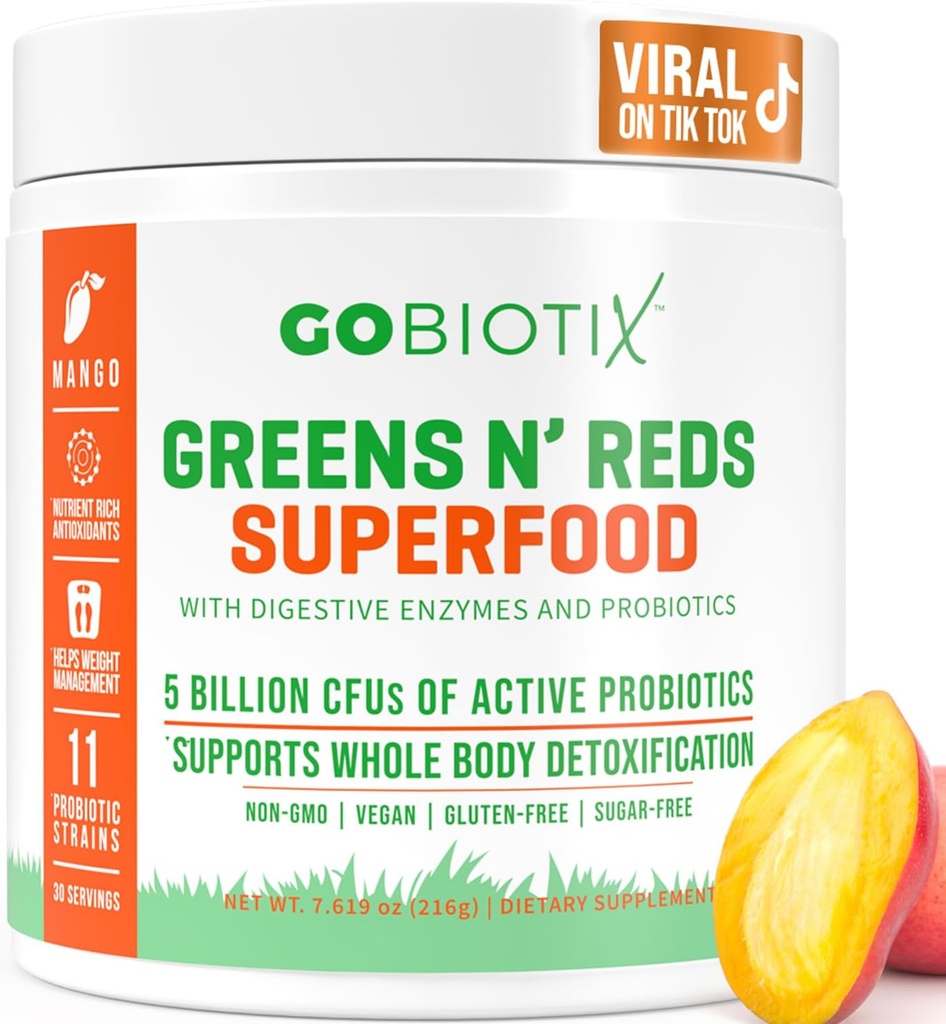 GOBIOTIX Super Verdes y Rojos Polvo - Superalimentos Rojos y Verdes - Suplemento Probiótico - Enzimas Digestivos y Polvo de Hoja - Alimentos Orgánicos enteros Suplemento dietético (Mango, 1 Pack)