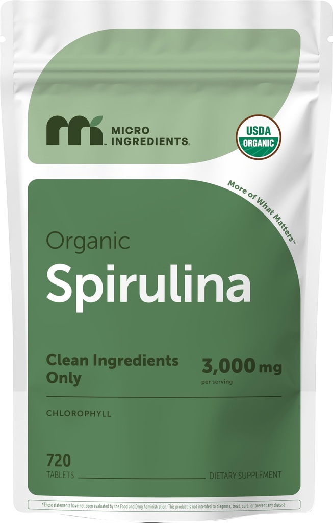 Micro Ingredientes Suplemento de Espirulina Orgánica, 720 Tabletas (4 Mes de Suministro), No Filler " Non-GMO, Rich in Vegan Protein, Vitaminas " Prebióticos, Píldoras de Espirulina Premium