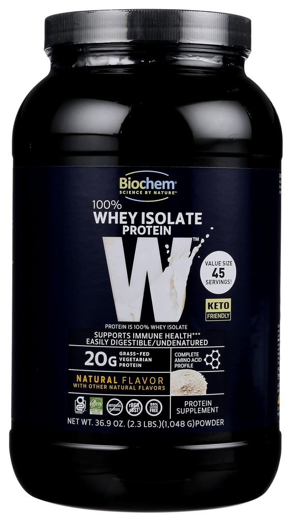Biochem 100% Whey Isolate Protein - Natural Flavor - 20g de Proteína - Pre &amp; Post Workout - Meal Replacement - Keto-Friendly - Fácil de digerir - Silky Smooth Taste - Fácil de Mezclar (36.9 oz)