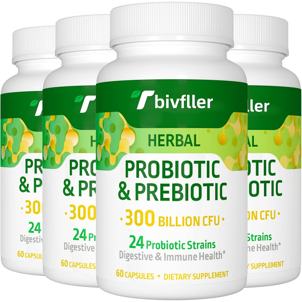 Probióticos para Mujeres Hombre- 300 Billones CFU, 24 Strains Probiótico+15 Hierbas Orgánicas Prebióticos Blend, Pre y Probióticos, para Salud Digestiva, Immune & Gut, Diarrea, Bloating, Vegan, 8 Month Supply