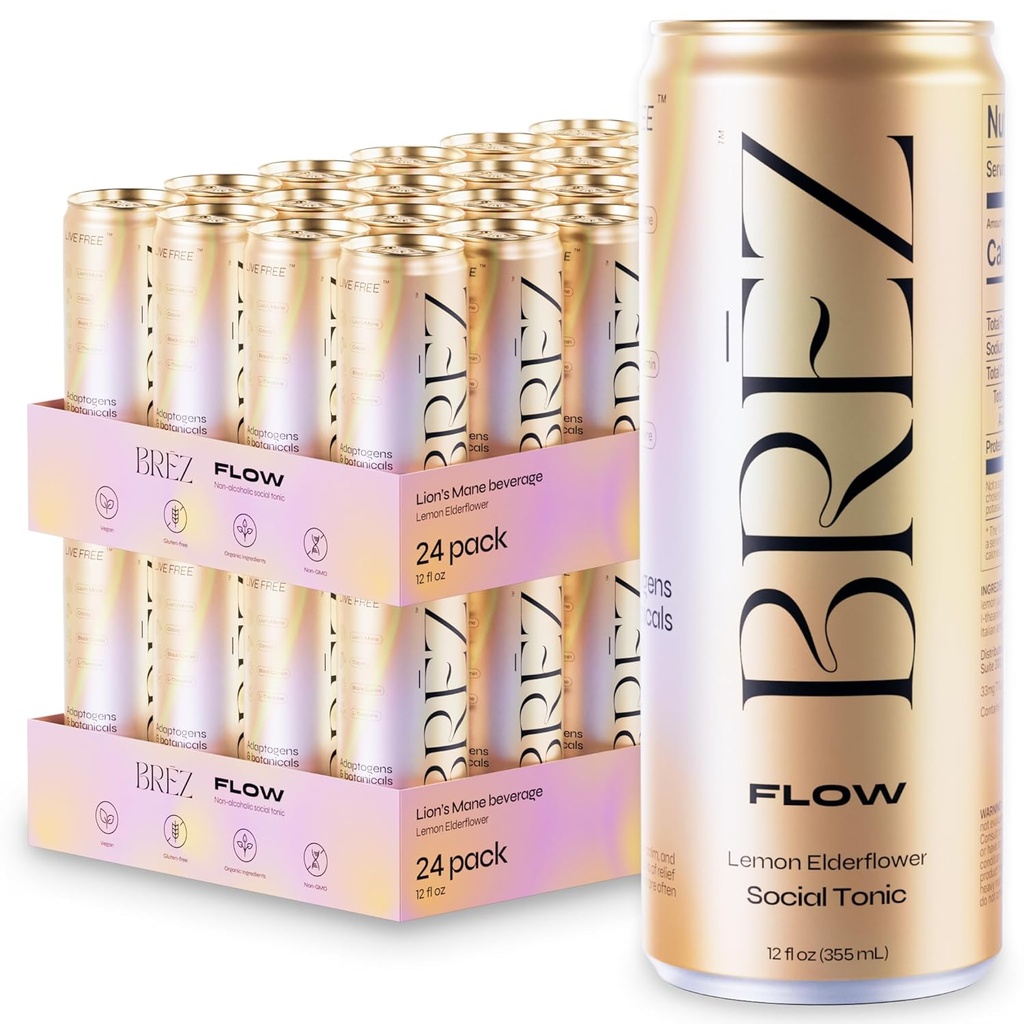 BREZ FLOW Bebida de Mushroom Mane Lion, 48-Pack, no infundada, adaptógenos, alivio, elevación y social, Sparkling Lemon Elderflower Tonic 12 Fl oz