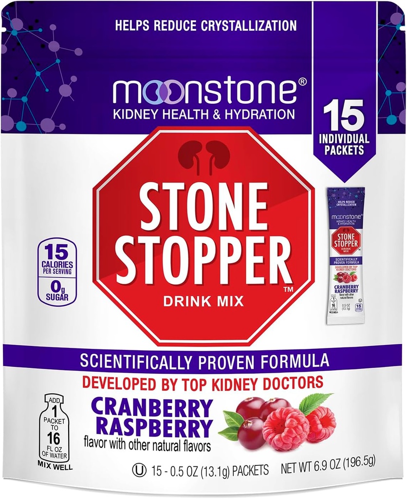 Stone Stopper Drink Mix, Cranberry Raspberry, Kidney Stone Prevention, Calcium Oxalate Protector, Desarrollado por los urólogos para mejorar la hidratación y apoyar la salud del riñón, 15 Day Supply