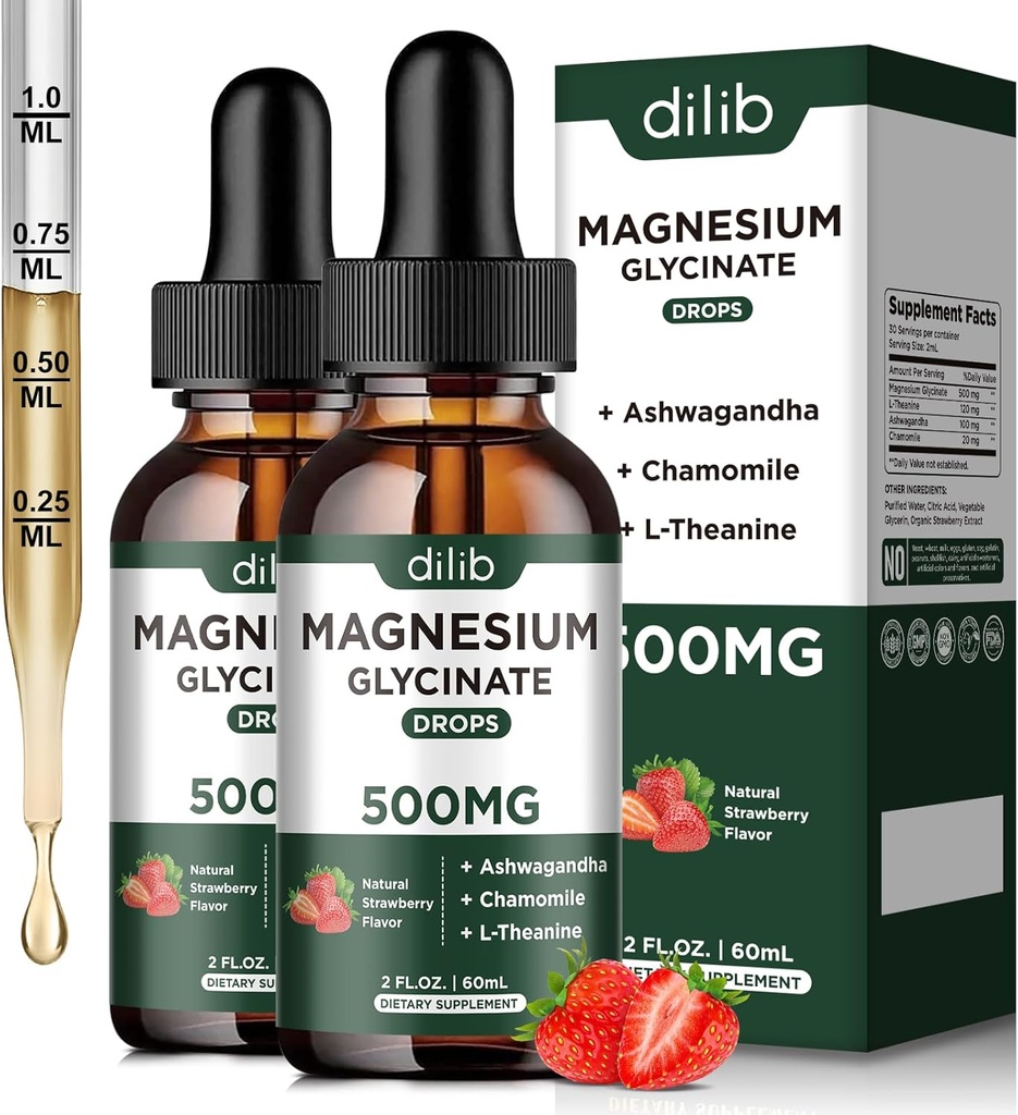 Magnesium Glycinate Liquid Drops Suplemento, con Magnesium Glycinate 500mg Ashwagandha, L - Theanine, Chamomile -Support Stress Relief, Bone, Muscle, Mood Strawberry Flavor 2Pack