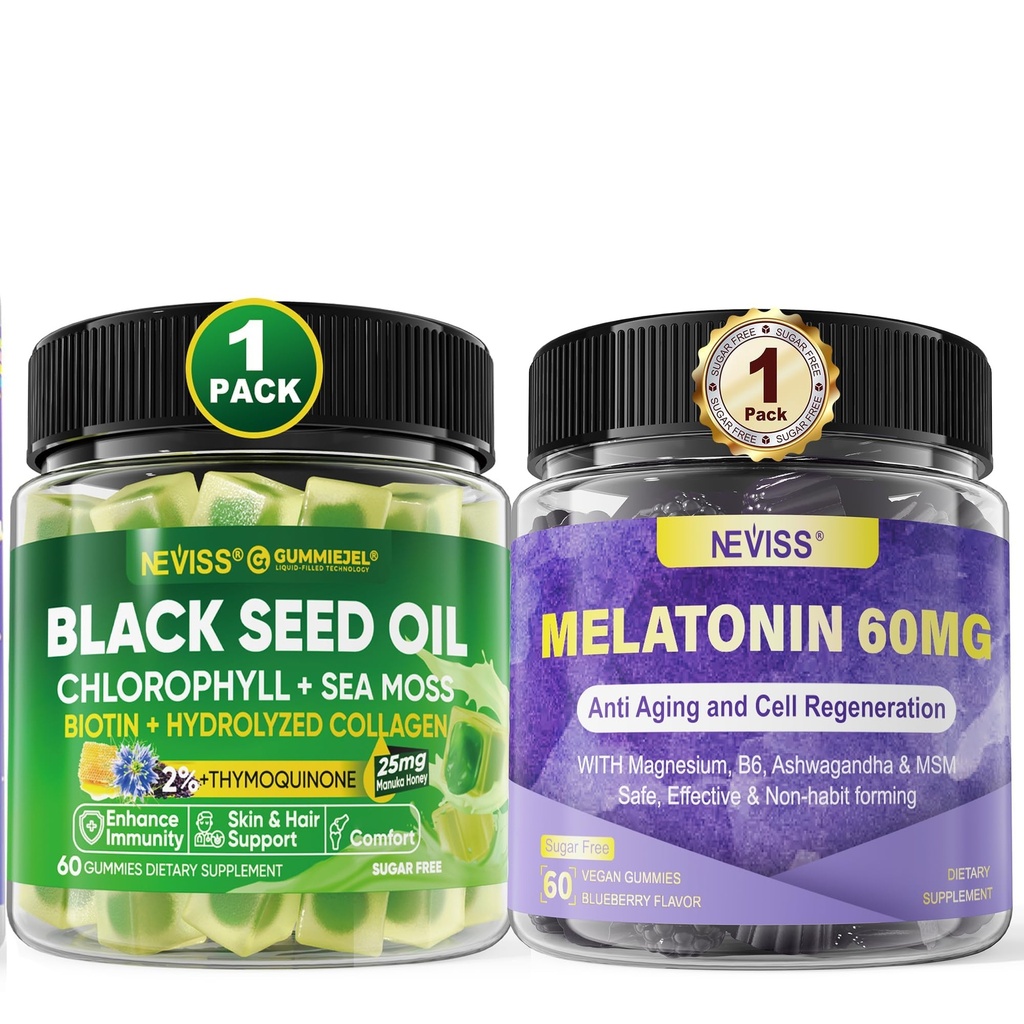 NEVISS Melatonin 60mg Gummies + Mangas de aceite de semilla negra