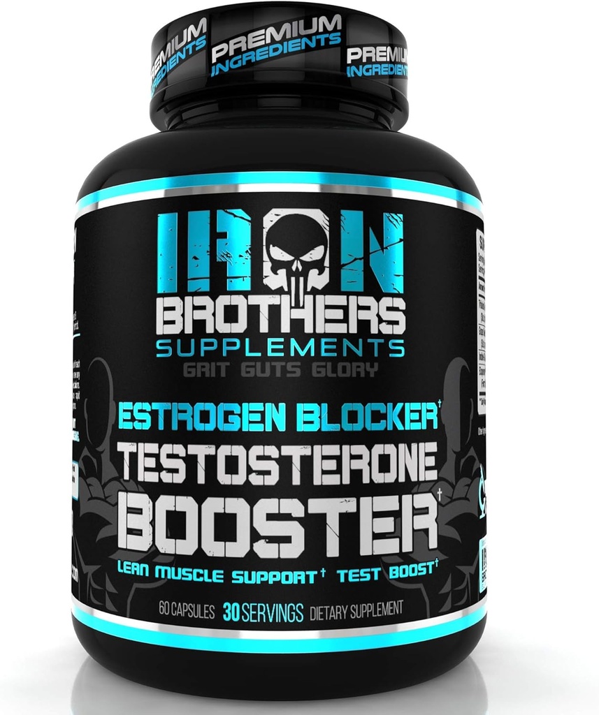 Hermanos de Hierro Suplementos Booster de Testosterona para Hombres con Bloqueador de Estrógeno - Suplementos dietéticos Anti-Estrógeno - Grape Seed ' Tribulus Terrestris – Pack de 60 cápsulas – Muscle Growth Boost - 30 días