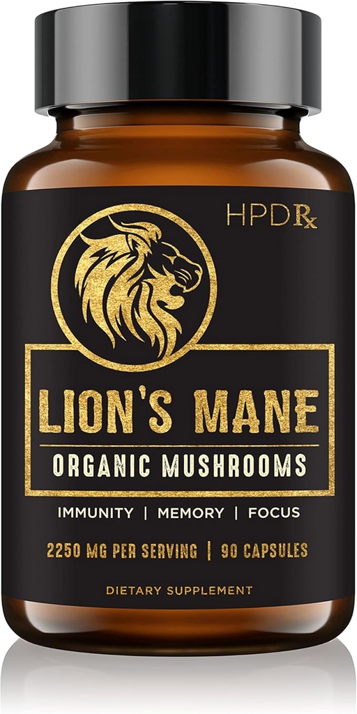 HPD Rx Lion's Mane Mushroom Extract Capsules Natural Nootropic, soporta la memoria & Focus, inmunoity Booster - Potent Mushroom Suplemento  2250 mg, 90 cápsulas, Pack of 1