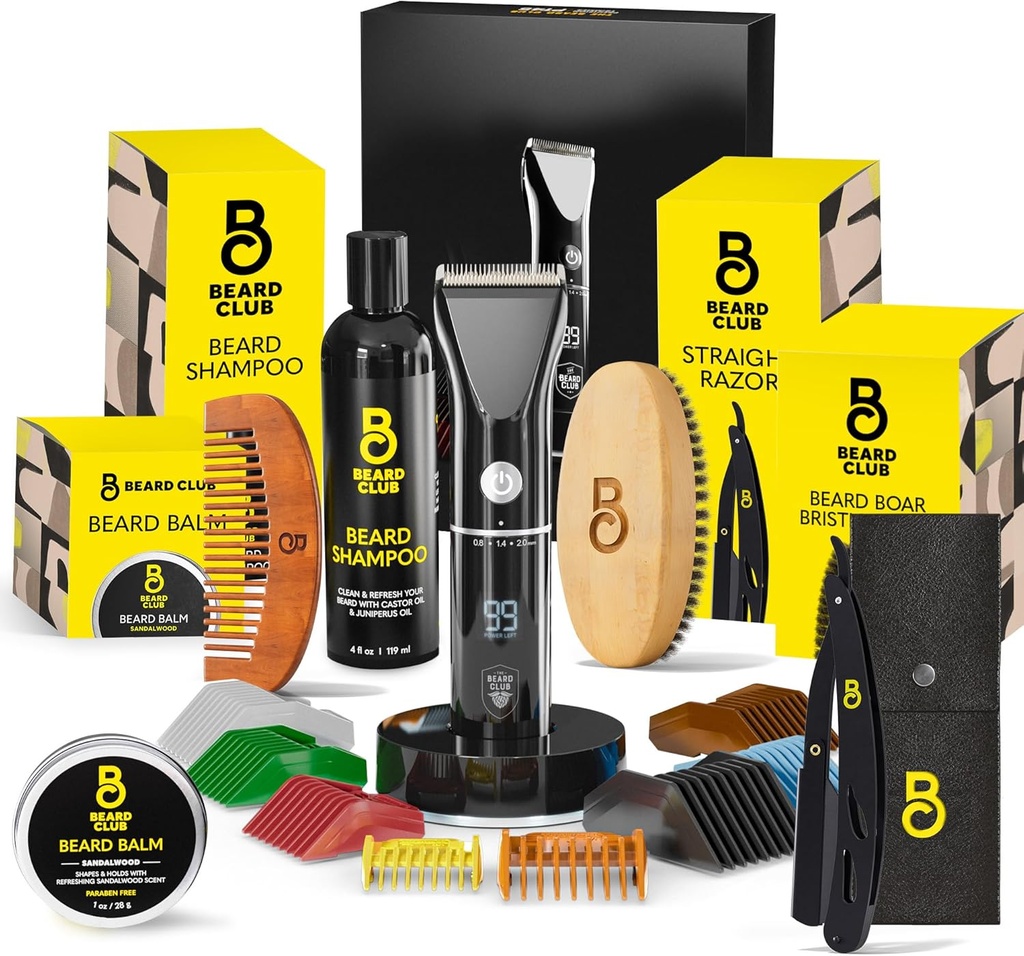 The Beard Club Men's Grooming Kit with Professional Cordless Electric Rechargeable Hair & Mustache/Beard Trimmer, Straight Edge Razor, Shampoo, Balm, Brush &amp; Comb Gift Set