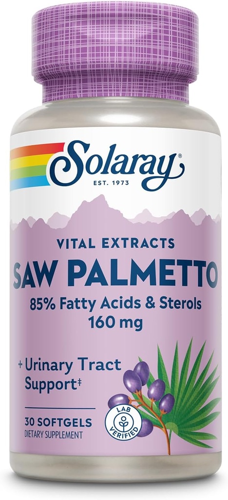 [BRSWIYTYCUPRCFTC] SOLARAY Saw Palmetto Extract - Salud de próstata y Tracto urinario Soporte - 136 mg Ácidos grasos y Sterols - Lab Garantía de devolución de dinero verificada de 60 días (30 Servimientos, 30 Softgels)