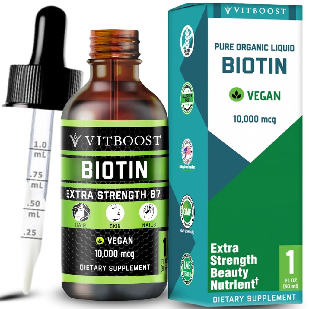 Liquid Biotin 10,000mcg with Organic Berry Flavor - Liquid Drops Biotin for Hair Growth for Women and Men, Supports Strong Nails and Healthy Skin - Extra Strength Vegan Formula | 60 Servings
