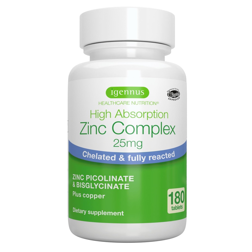 Igennus Clean Chelated Zinc 25mg with Copper, Fully Reacted Picolinate & Bisglycinate Complex, High Bioavailability & Gentle on the Gut, Third-Party Tested, Immune & Skin Support, 6 Month Supply