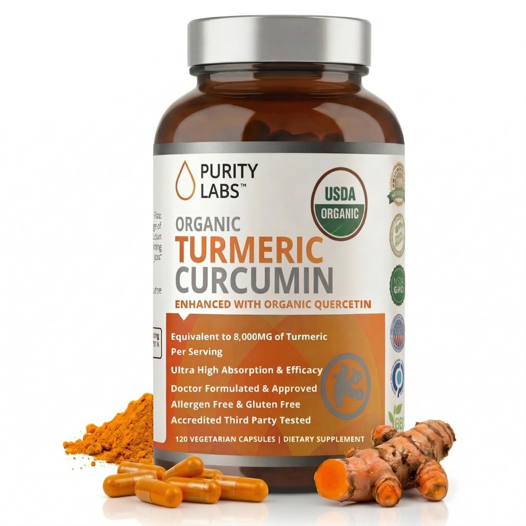 Laboratorios de Puridad Suplemento de Curcumina Turmérica Orgánica con Piperina 2,250 MG/Serving Silencio 95% Curcuminoides Suplementos Turméricos, Alivio de Dolor Conjunto Antioxidante, Muscle & Cerebro Apoyo No GMO - 120 cápsulas