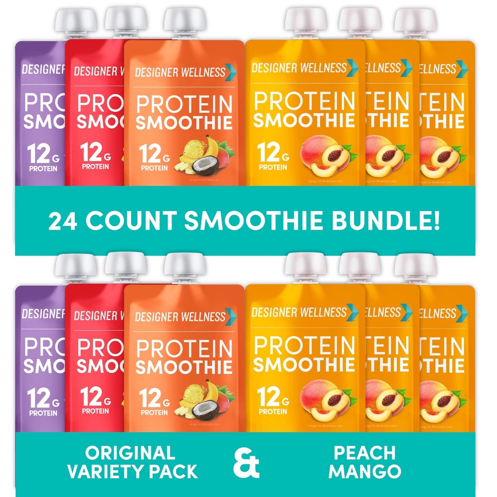 Diseñador Wellness Protein Smoothies Origignal Variety Pack y Peach Mango Bundle