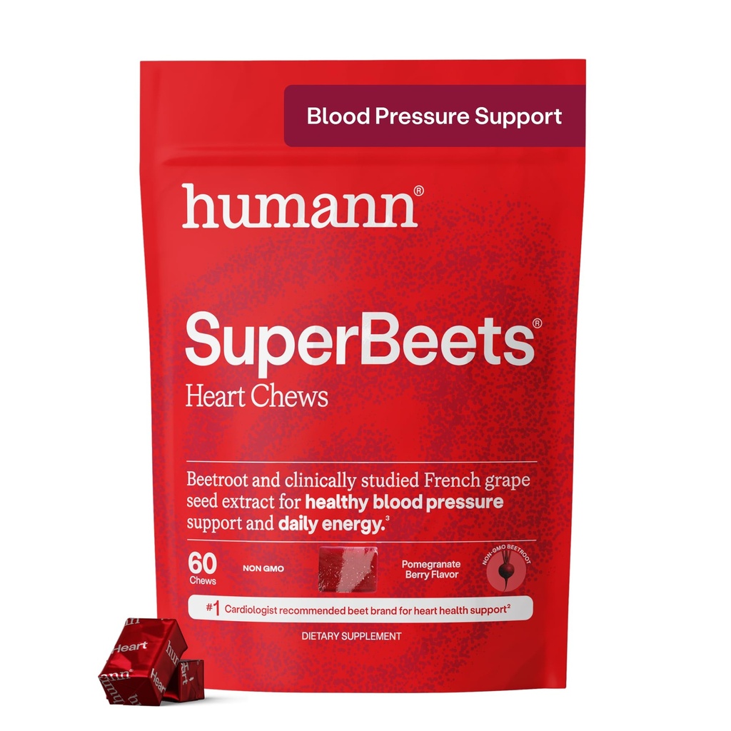 Hígados SuperBeets Chews, Beet Root Powder Support Energy Supplement, Nitric Oxide and Blood Pressure Support, Grape Seed Extract " Non-GMO, Heart Health, Pomegranate Berry Flavor, 60 Count