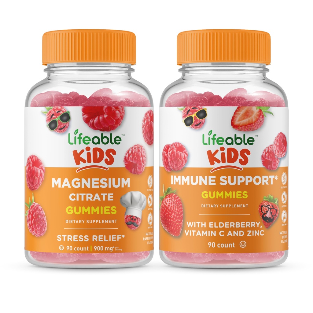 Lifeable Magnesium Kids + Immune Support Kids, Gummies Bundle - Great Tasting, Vitamin Supplement, Gluten Free, GMO Free, Chewable Gummy