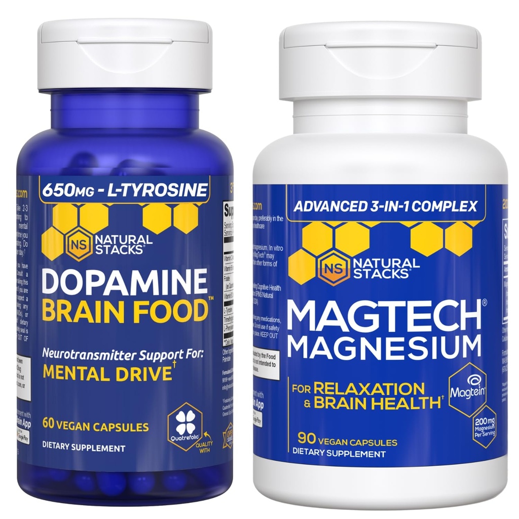 NATURAL STACKS Dopamine Brain Food + Magtech Magnesium Bundle - Complejo de Magnesio Chelated - Soportes Brain Health & Mental Drive* - 150 cápsulas totales