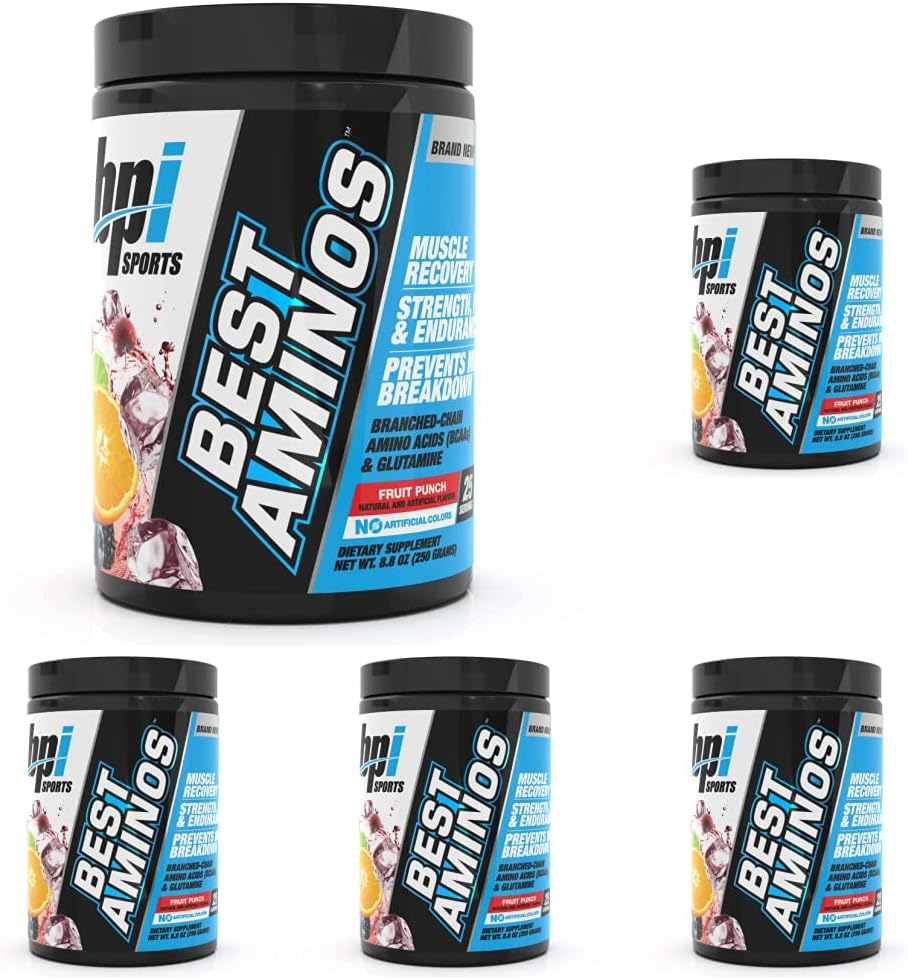 BPI Deportes Mejores Aminos - BCAA Powder Post Workout & Glutamine Bebida de recuperación con Aminoácidos de Cadena ramificados para la hidratación " Recuperación, para Hombres " Mujeres - Frutas Punch - 25 Servicios (Pack of 5)
