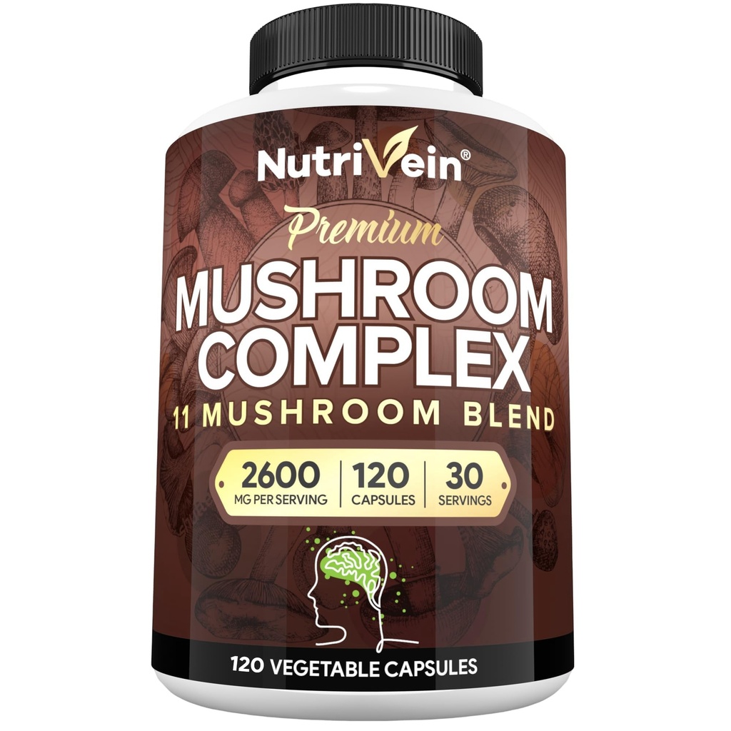 Nutrivein Premium Mushroom Suplemento 2600 mg- Bottle 120 Capsules- 11 Complejo Nootrópico de Mushroom - Lion's Mane, Cordyceps, Chaga, Reishi, Turquía Tail,Maitake,Shiitake, Agaricus, White Button, Oyster