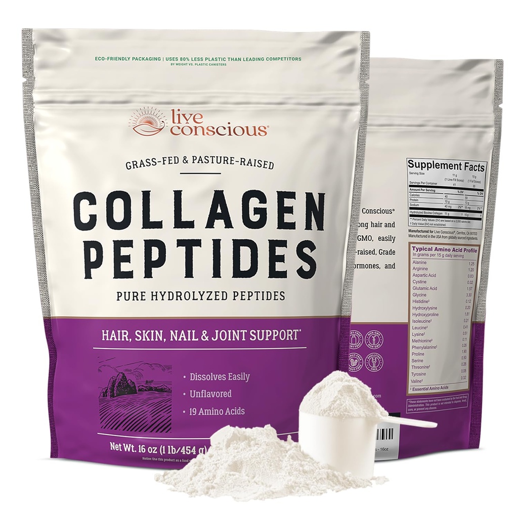Péptidos de colágeno en vivo pólvora - Pólvora de colágeno hidrolizado naturalmente alimentado - Pelo, piel, uñas y soporte conjunto - Tipo I & III Suplementos de colágeno de grano para mujeres y hombres - 16oz