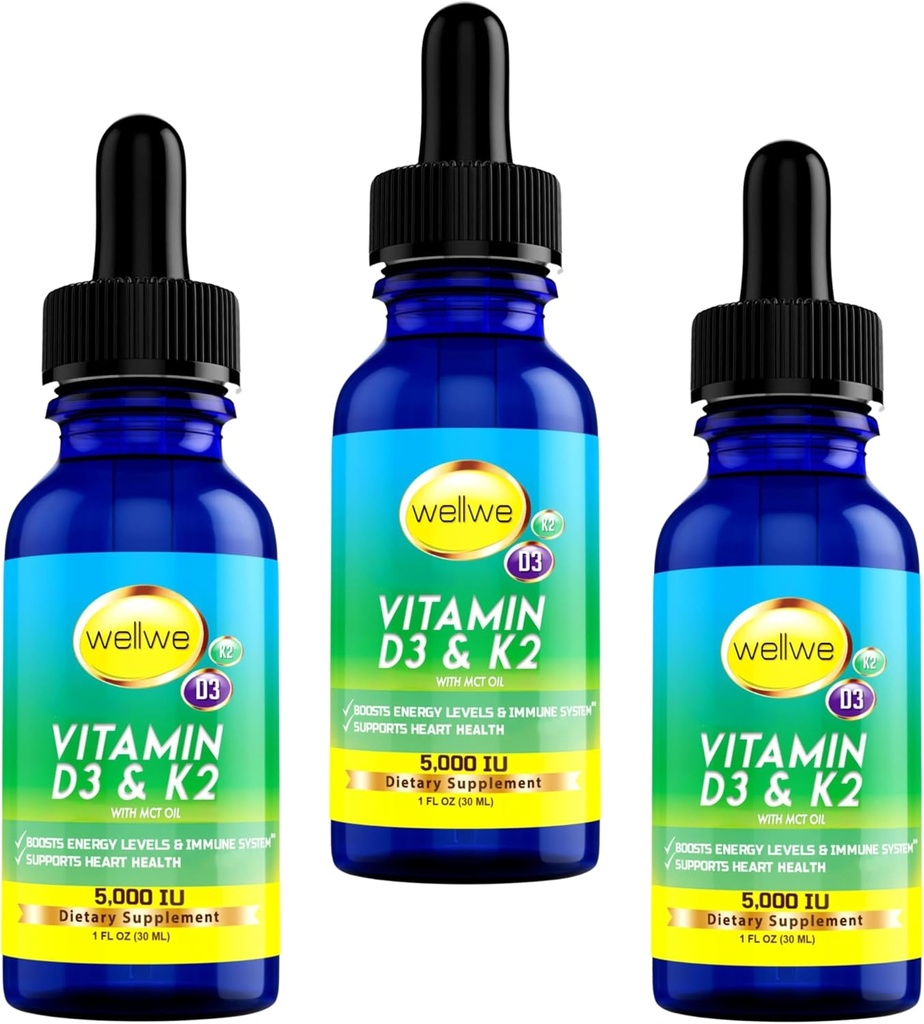 Vitamina Líquida D3 K2 gotas con MCT Oil 5000 IU - Vegan, No Taste, No Odor, No Soy-Free, Gluten Free, Non-GMO, 1000 UI por gota, Boost Energy & Immune System (3 Pack)