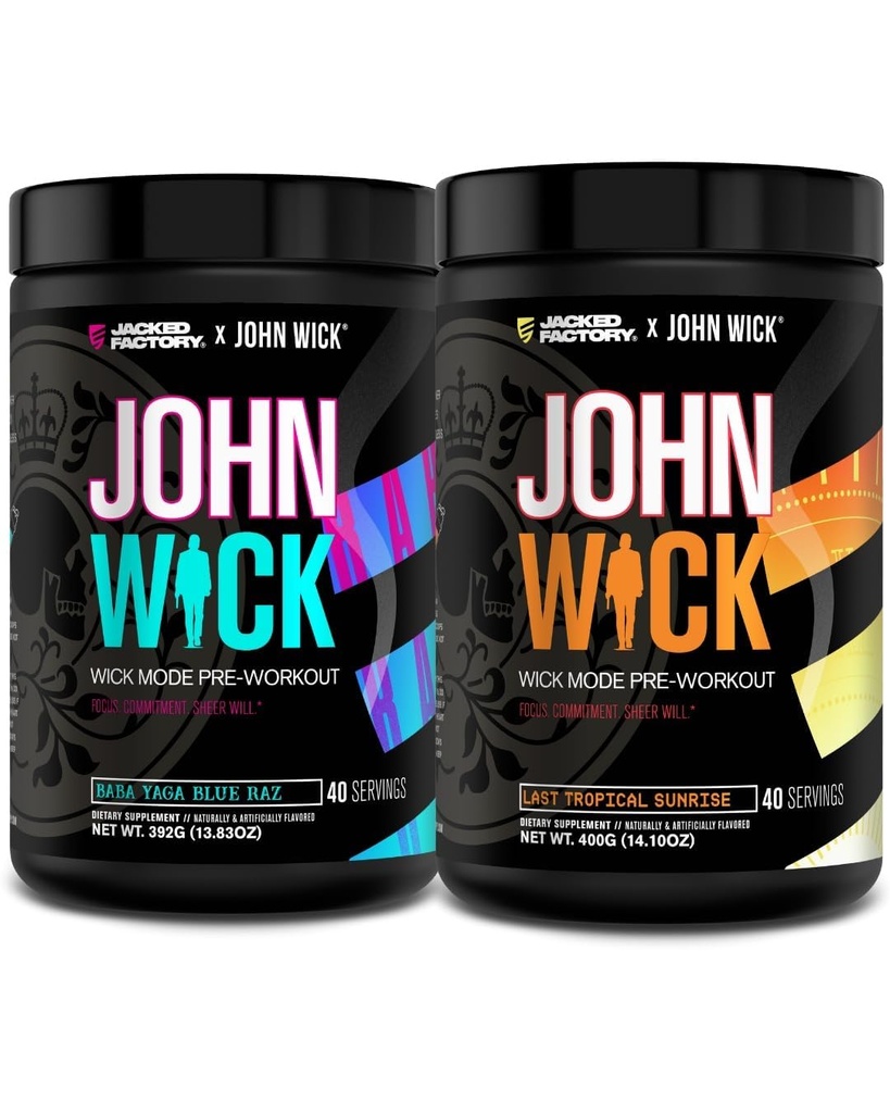Jacked Factory X John Wick - Wick Mode Pre Workout Powder - Energía intensa, Battle-Ready Focus, Compromiso imparable, y Sheer Will - Baba Yaga Blue Raz ' Last Tropical Sunrise