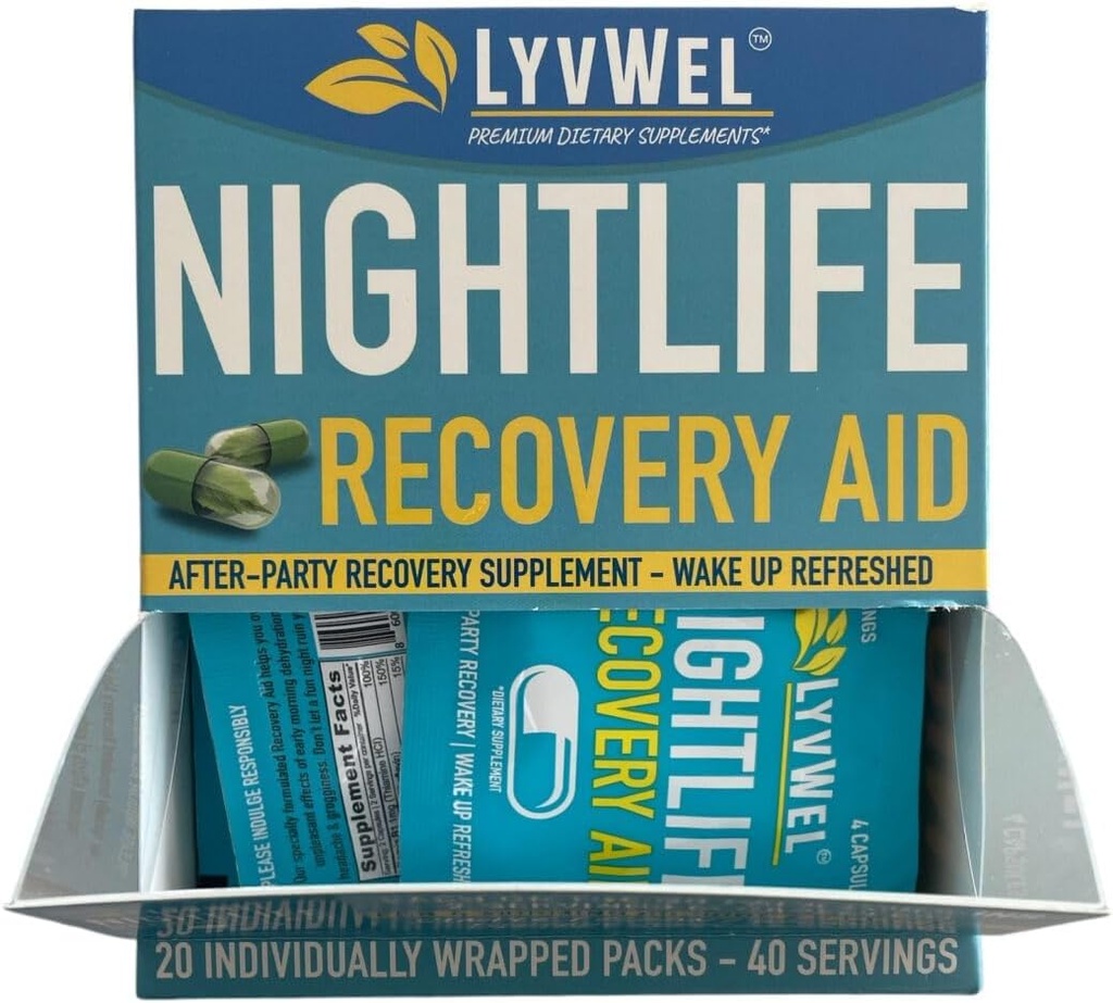 LyvWel Nightlife Recovery Carton ← Rejuvenecimiento rápido de la mañana, soporte para el hígado ¦ DHM, electrolitos, vitaminas B - 20 paquetes, 40 servicios