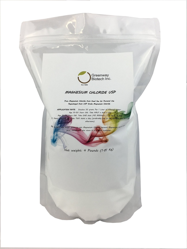 Greenway Biotech, Inc. Magnesium Chloride USP Supplement 100% Edible Cloruro de Magnesio Comestible Powder (Pharmaceutical Grade)- (4 libras)