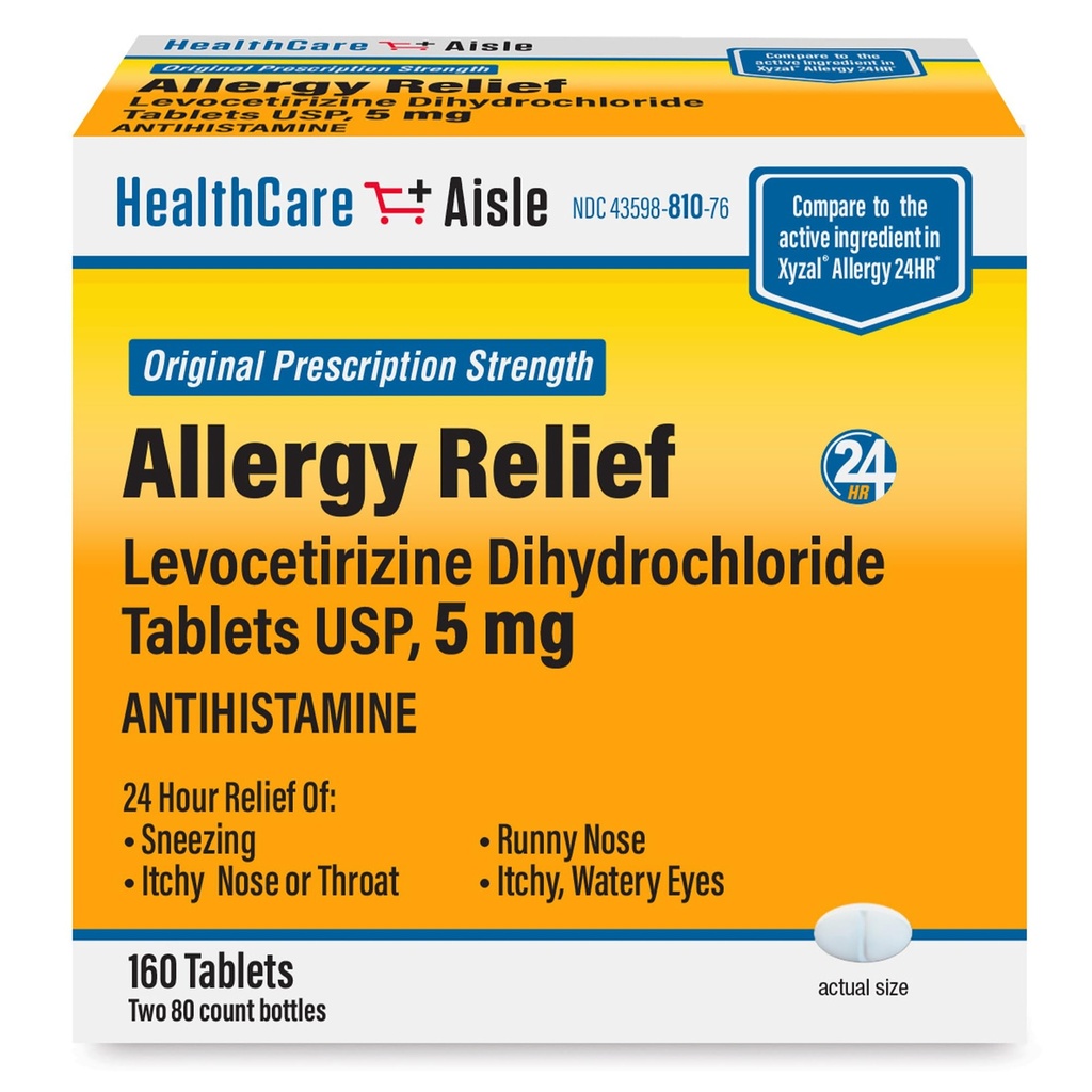 HealthCareAisle Allergy Relief - Levocetirizine Dihydrochloride Tablets USP, 5 mg, 160 Tablets, Original Prescription Strength Alergy Medication, 24-Hour Relief, 80 Count (Pack of 2)