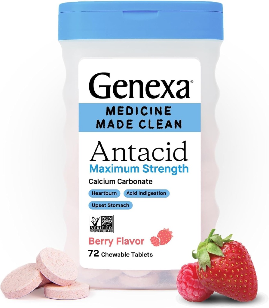 [BRSWGEDQCN4GEDTH] Genexa Clean Antacid Maximum Strength Chewable Tablets, Dye Free, 0% Artificial Additives, Calcium Carbonate Relief for Heartburn, Acid Indigestion, & Upset Stomach, Organic Berry Flavor, 72 ct
