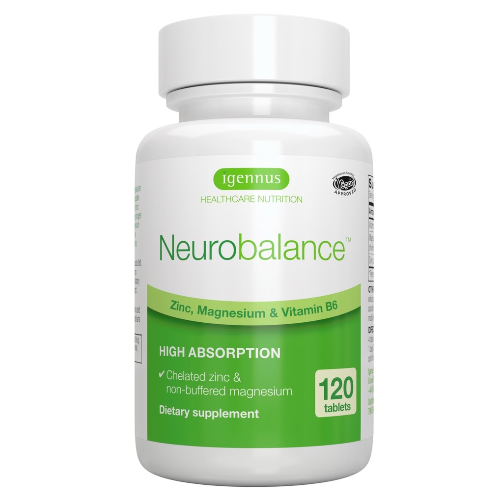 Igennus Neurobalance Zinc Magnesium &amp; B6 Complejo Fórmulada para soporte cognitivo, calma Focus &amp; Relax, 120 pequeñas tabletas, alta absorción Zinc Chelated &amp; Fully Reacted Magnesium, Vegan, Non-GMO