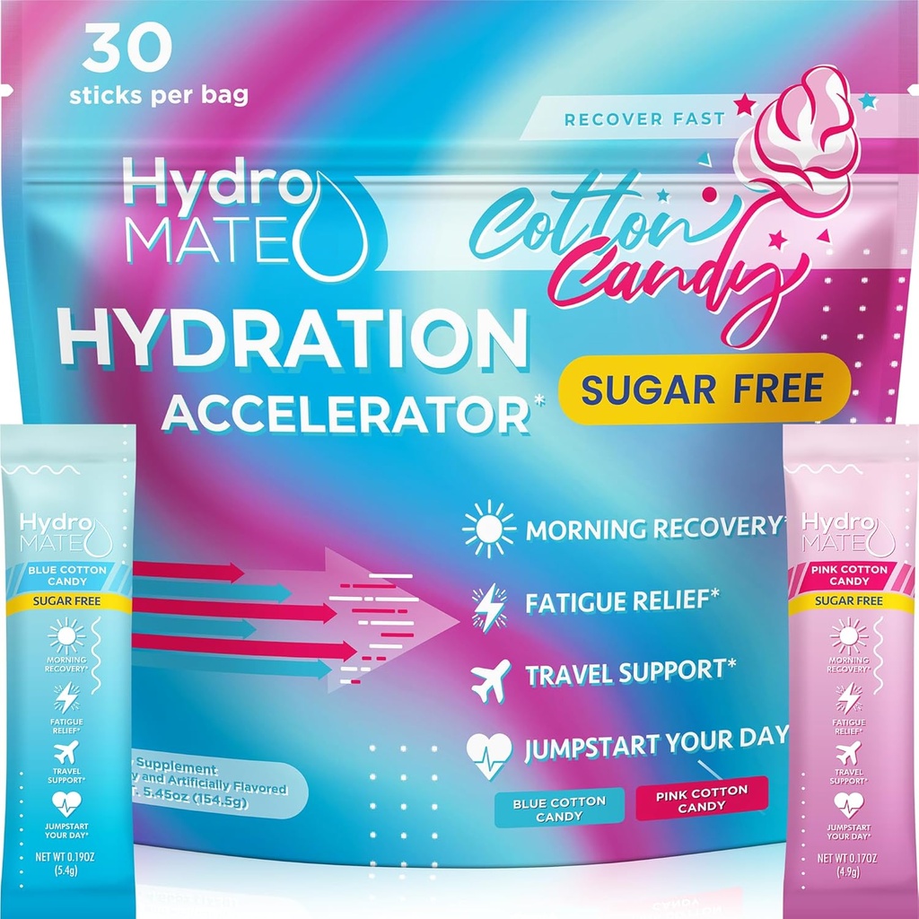 HydroMATE Electrolytes Powder No Sugar Cotton Candy - 30 Cuenta Instant Hydration Packets with Vitamin C to Boost Energy - Sugar Free Electrolytes to Support Hydration on Keto Diet & Party Recuperación