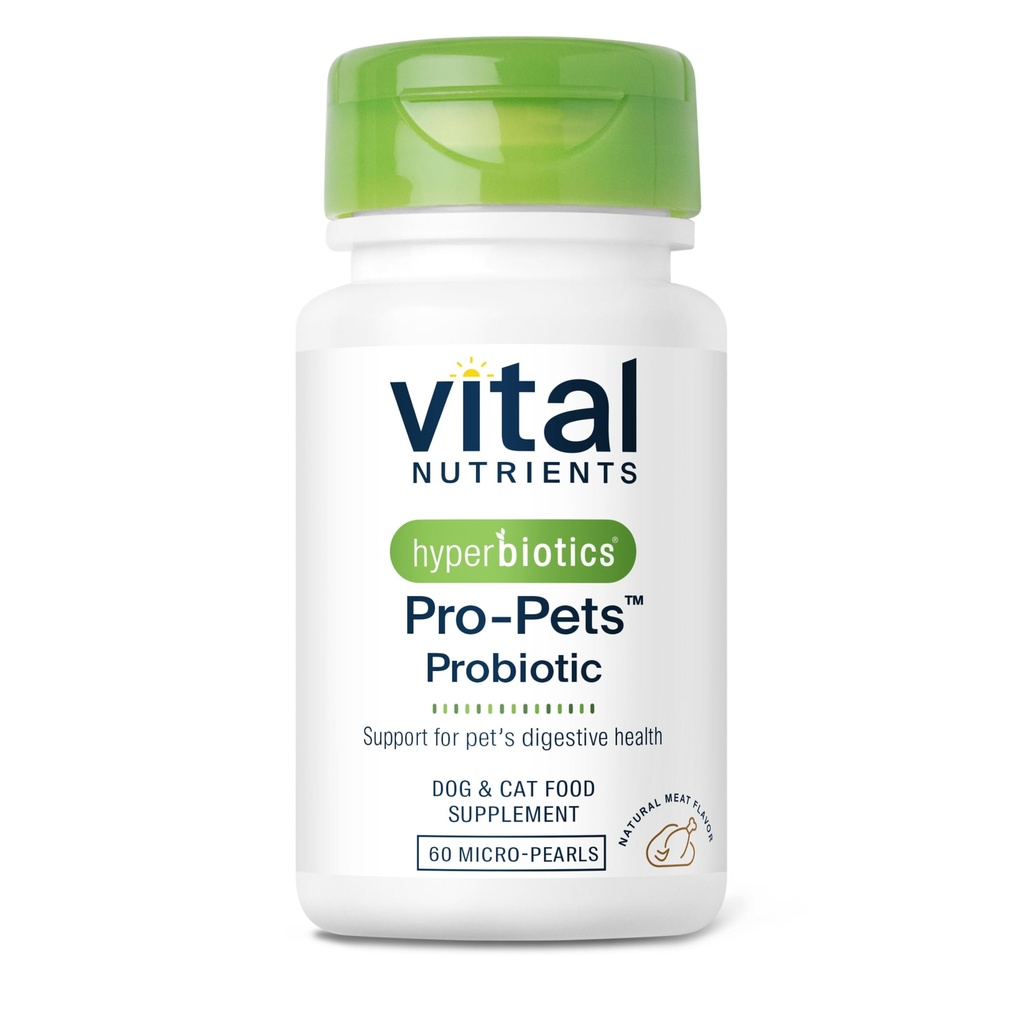 Nutrientes Vitales Pro Mascotas Probióticos para Perros y Cats ← Perro Probióticos para Salud Digestiva, Salud Gut, Diarrea Ocasional* ← Tasty Meat Flavor ← Non-GMO ← Hiperbióticos pretenidos 60 Micro Tabletas
