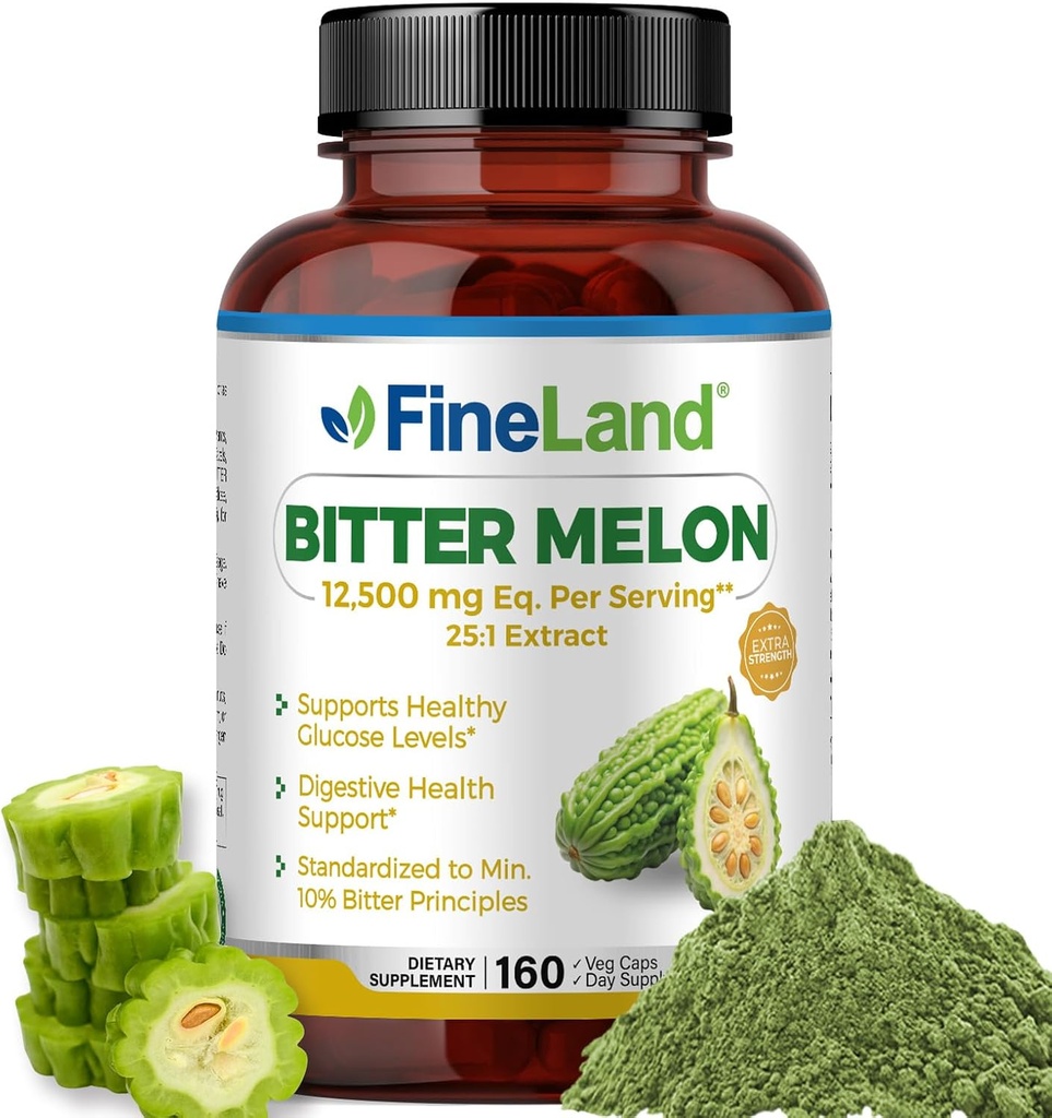 FineLand Bitter Melon 25:1 Extracto 12,500mg Fuerza, 10% Principios de Bitter, 160 cápsulas Vegan, apoya la salud digestiva, estándar y concentrado 25X Extracto, no GMO Made in USA